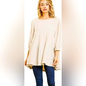 Umgee Beige Natural Linen Blend Babydoll 3/4 Sleeve Raw Hem Tunic Blouse S